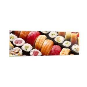 Quadro su vetro - Sushi colorati disposti in file con vari condimenti - 160x50cm - Colori e sapori dell'Asia - Decorazione murale moderna per soggiorno e camera da letto ARTTOR