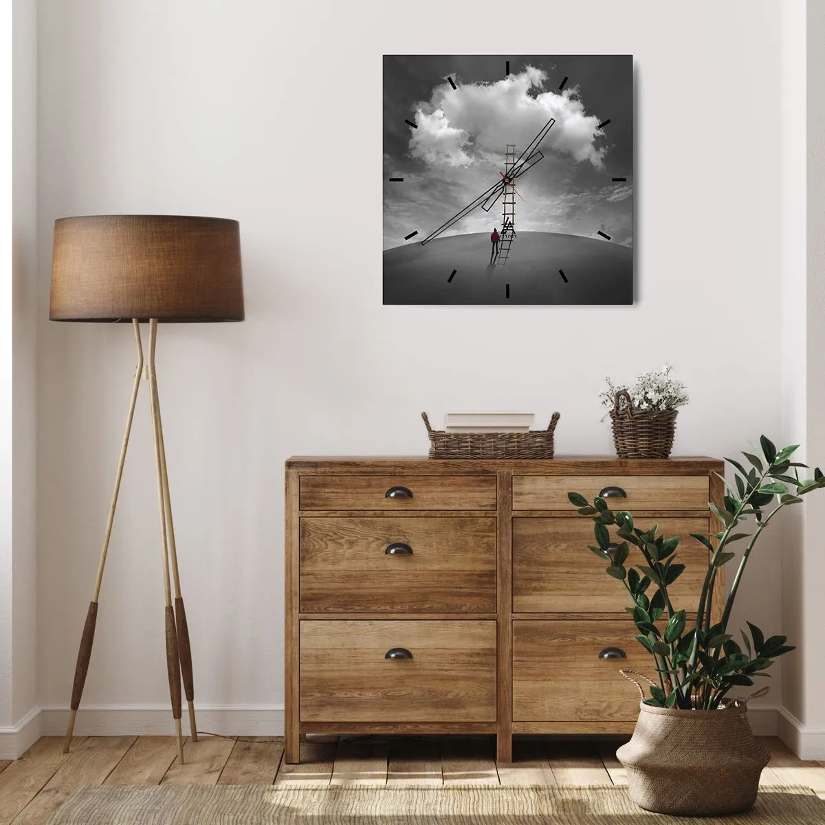 Orologio da parete - Orologio in Vetro - Una persona con un cappotto rosso e una scala che porta a una nuvola - 30x30cm - Tutto è possibile - Decorazione murale moderna per soggiorno e camera da letto ARTTOR