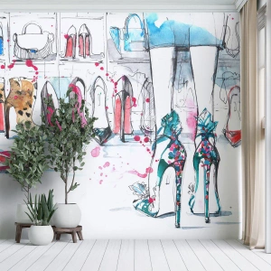 Fotomurali Standard Eco - Illustrazione artistica di scarpe e gambe di una donna in uno spogliatoio - 100x70cm - Apriti sesamo - Decorazione murale moderna per soggiorno e camera da letto ARTTOR