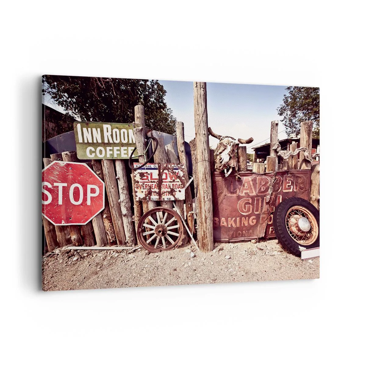 Quadro su tela - Stampe su Tela - Decorazioni rustiche con cartelli e una ruota sulla recinzione - 100x70cm - E il tempo si è fermato - Decorazione murale moderna per soggiorno e camera da letto ARTTOR