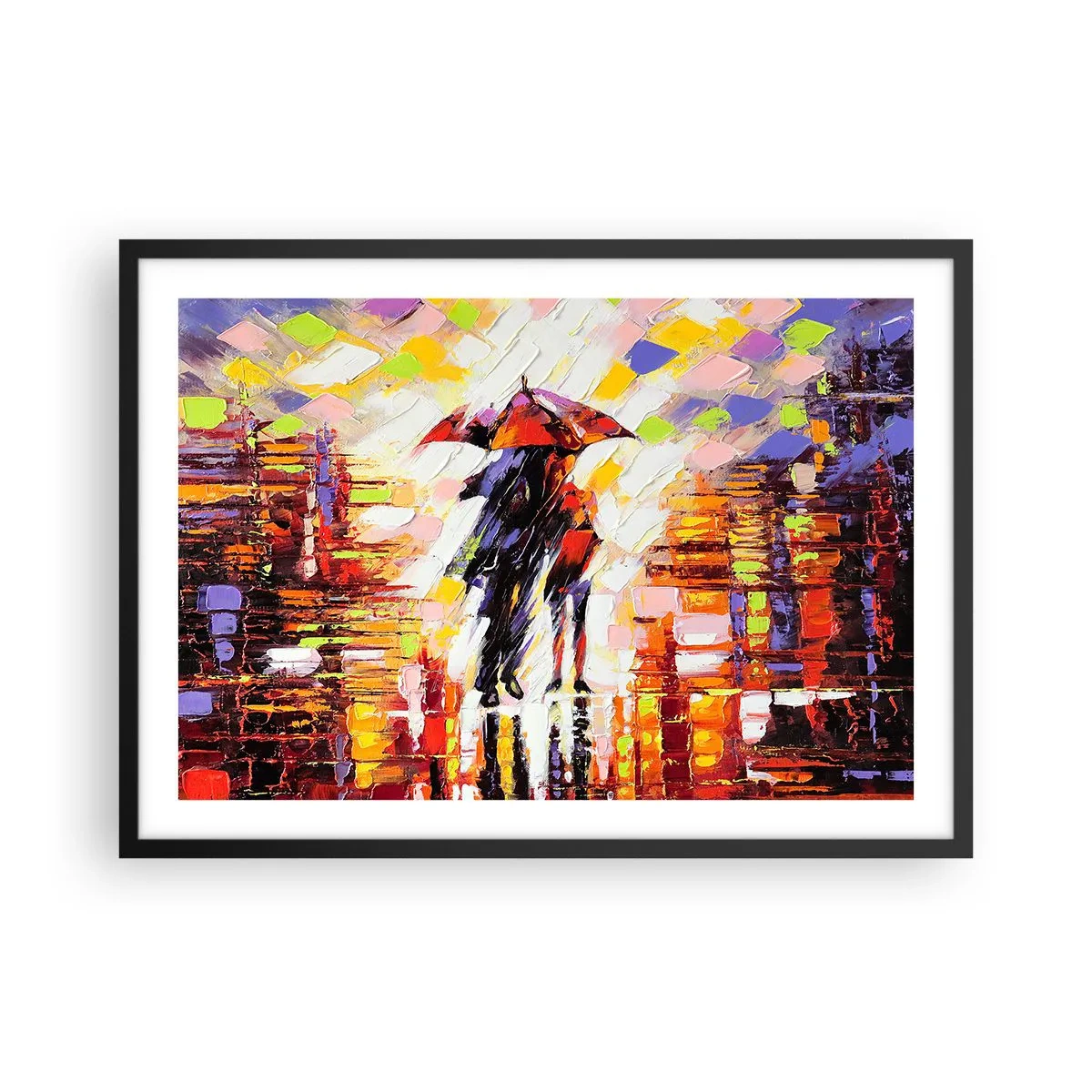 Poster in cornice nera - Una scena astratta di una passeggiata sotto un ombrello in una notte piovosa. - 70x50cm - Insieme nella notte e nella pioggia - Decorazione murale moderna per soggiorno e camera da letto ARTTOR