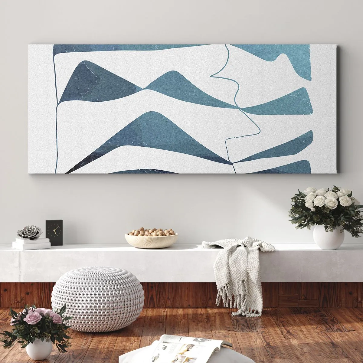 Quadro su tela - Stampe su Tela - Forme astratte nelle tonalità del blu su sfondo bianco - 160x50cm - Astrazione: legame turchese - Decorazione murale moderna per soggiorno e camera da letto ARTTOR