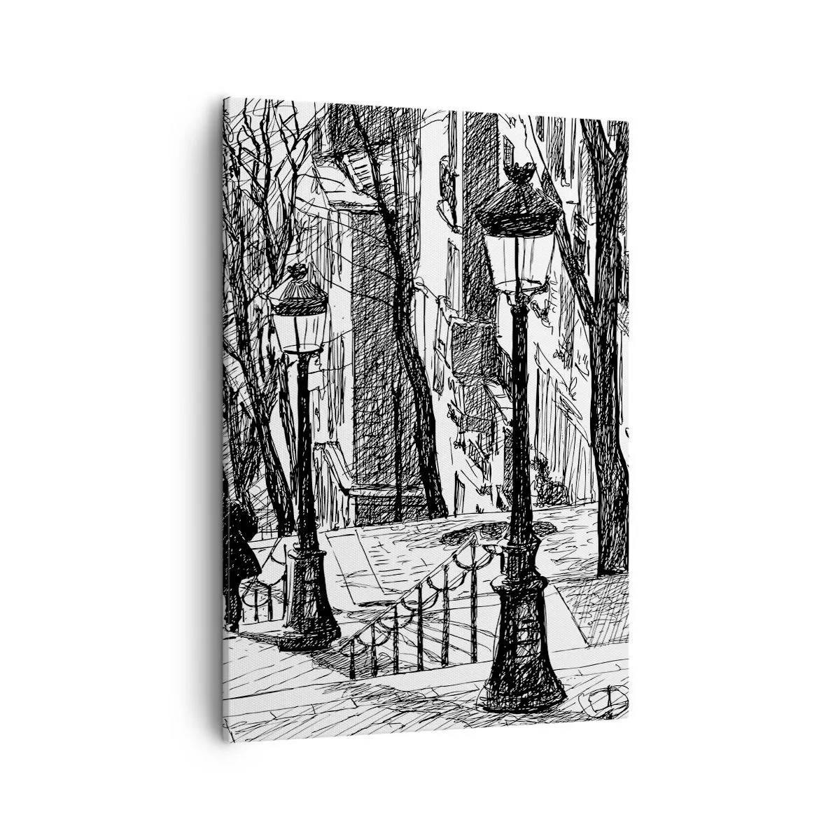Quadro su tela - Stampe su Tela - Una strada con lampioni e una sagoma umana in tecnica di schizzo - 50x70cm - Storia d'amore o racconto di paura? - Decorazione murale moderna per soggiorno e camera da letto ARTTOR