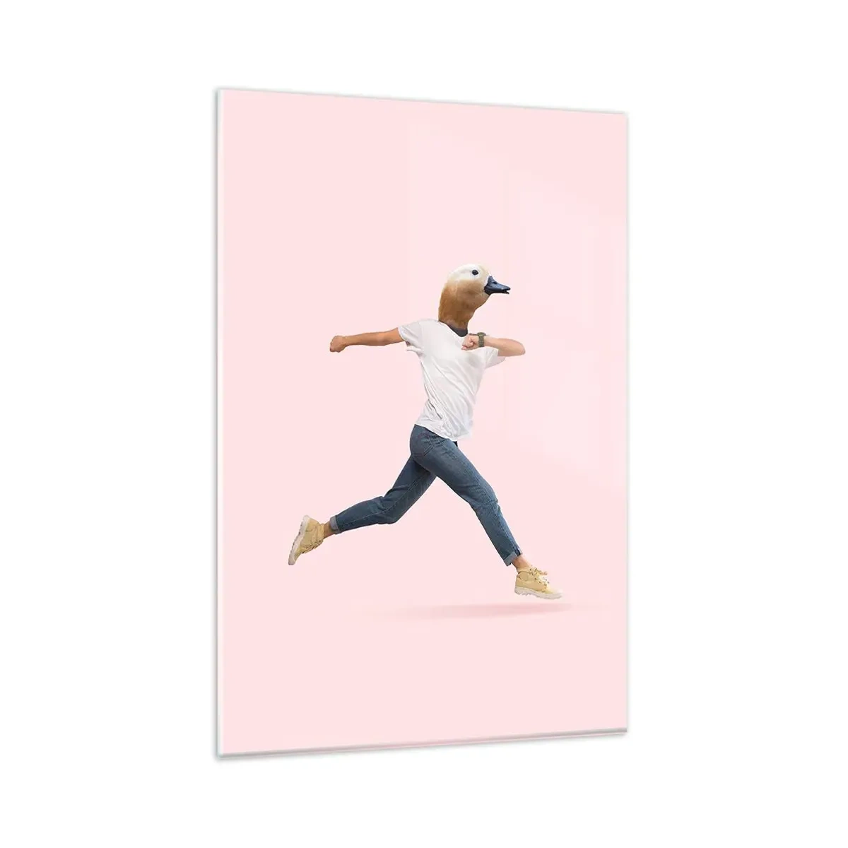 Quadro su vetro - Una figura surrealista con la testa di un'anatra in movimento - 80x120cm - Un pizzico di assurdo - Decorazione murale moderna per soggiorno e camera da letto ARTTOR