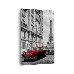 Quadro su tela - Stampe su Tela - Un'auto rossa con la Torre Eiffel sullo sfondo in un'ambientazione in bianco e nero - 80x120cm - Predatore in città - Decorazione murale moderna per soggiorno e camera da letto ARTTOR