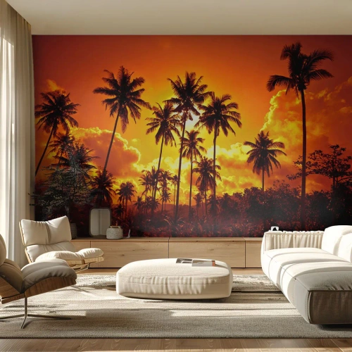Fotomurali Premium Sand - Palme contro un cielo dorato al tramonto - 100x70cm - Bruciano i monti, bruciano i boschi - Decorazione murale moderna per soggiorno e camera da letto ARTTOR