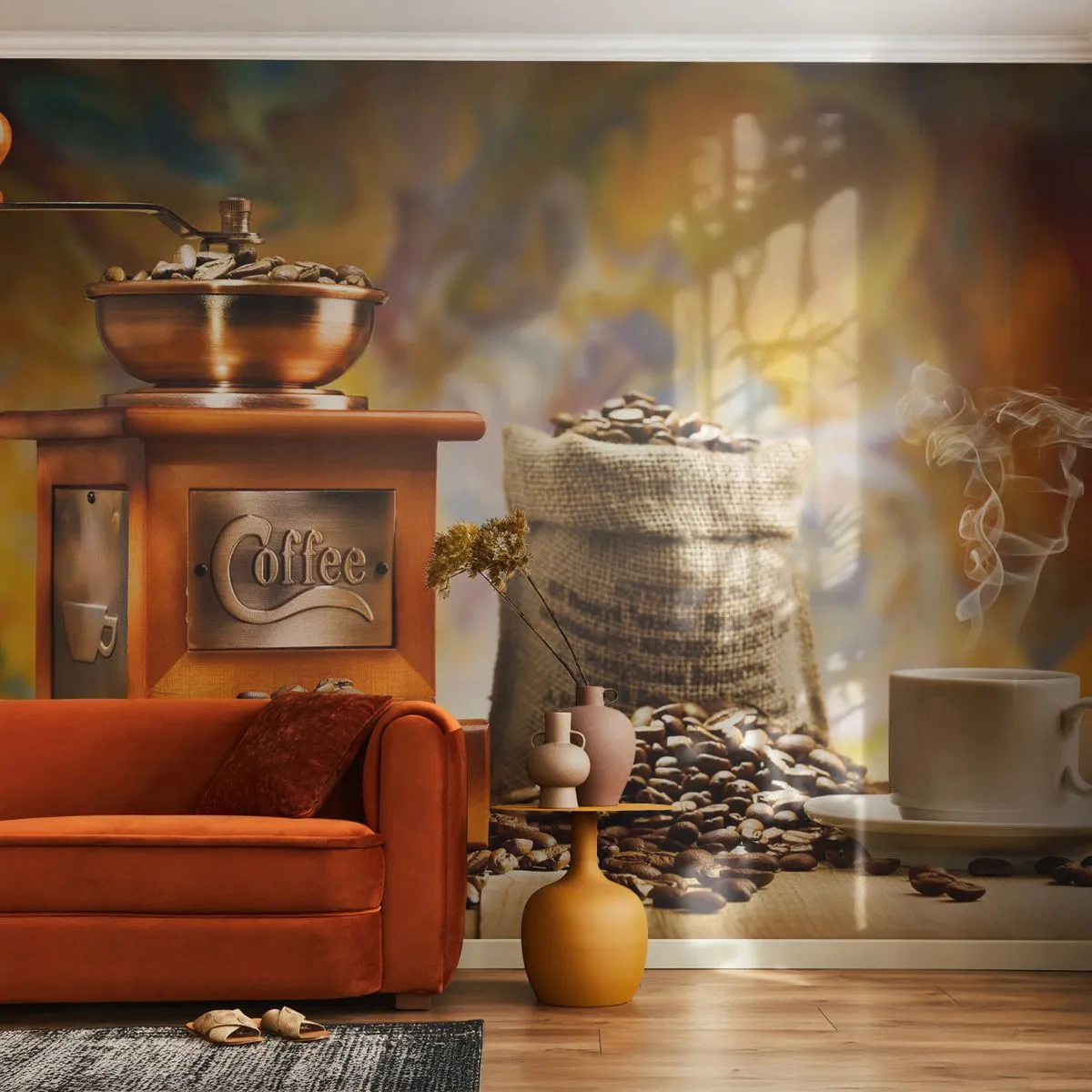 Fotomurali Standard Eco - Un macinacaffè, un sacchetto di chicchi e una tazza di caffè fumante - 100x70cm - Scricchiolio dei chicchi, tintinnio del macinino - Decorazione murale moderna per soggiorno e camera da letto ARTTOR