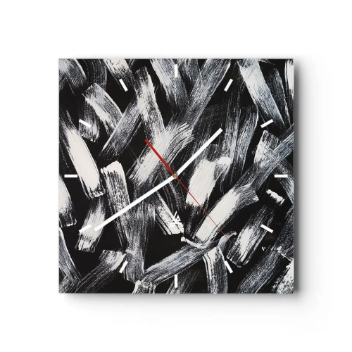 Orologio da parete - Orologio in Vetro - Astrazione dinamica con pennellate bianche su sfondo nero. - 30x30cm - Astrazione in spirito industriale - Decorazione murale moderna per soggiorno e camera da letto ARTTOR