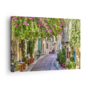 Quadro su tela - Stampe su Tela - Una strada affascinante con viti in fiore e tavolini da caffè - 70x50cm - Angolo fiorito - Decorazione murale moderna per soggiorno e camera da letto ARTTOR