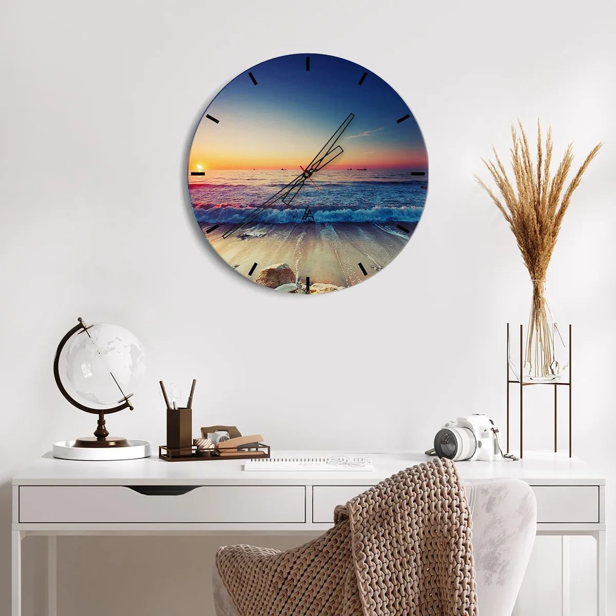 Orologio da parete - Orologio in Vetro - Vista del tramonto sul mare con le onde sulla riva - 30x30cm - Cosa c'è dietro l'orizzonte? - Decorazione murale moderna per soggiorno, cucina e camera da letto ARTTOR