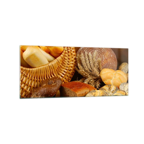 Quadro su vetro - Vari tipi di pane in un cestino di vimini su fondo oro - 120x50cm - Direttamente dal forno - Decorazione murale moderna per soggiorno e camera da letto ARTTOR