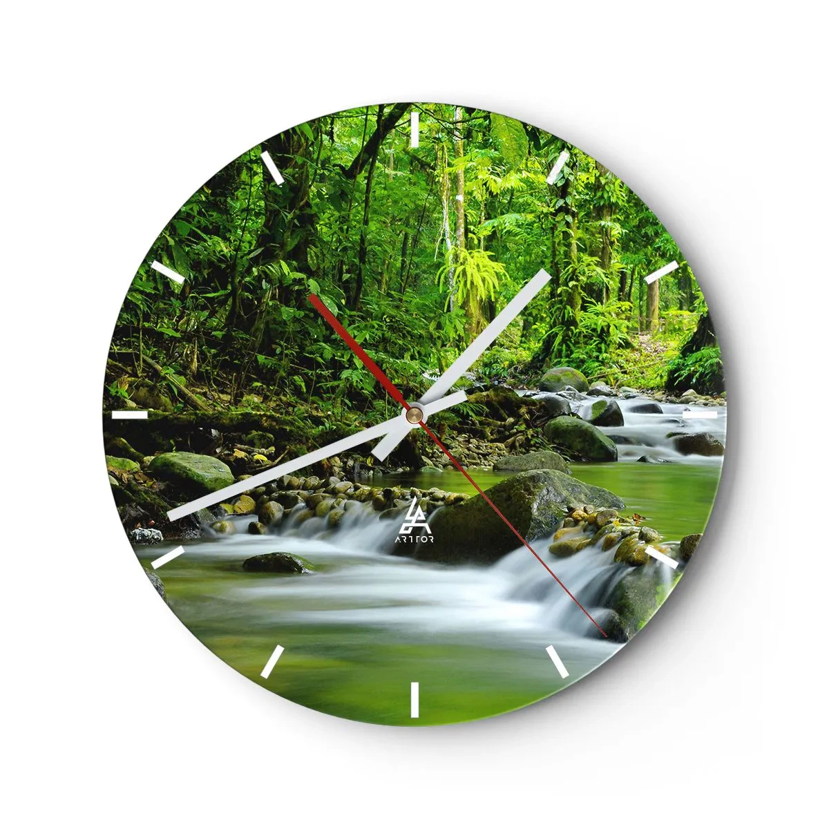 Orologio da parete - Orologio in Vetro - Un ruscello in una foresta pluviale tropicale - 30x30cm - Fluttuando in un mare di verde - Decorazione murale moderna per soggiorno, cucina e camera da letto ARTTOR