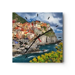 Orologio da parete - Orologio in Vetro - Case colorate su una scogliera a picco sul mare nelle Cinque Terre - 30x30cm - Aggrappate alla roccia - Decorazione murale moderna per soggiorno e camera da letto ARTTOR
