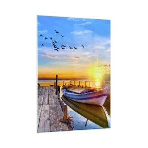 Quadro su vetro - Molo di legno su un lago con una barca all'alba - 50x70cm - A domani - Decorazione murale moderna per soggiorno e camera da letto ARTTOR