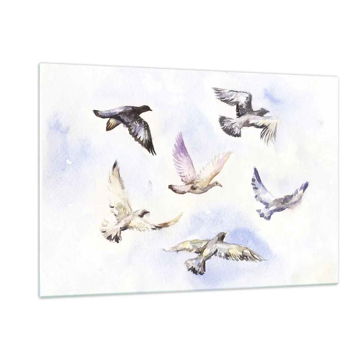 Quadro su vetro - Uccelli in volo contro un cielo limpido - 120x80cm - Libertà in grigio e blu - Decorazione murale moderna per soggiorno e camera da letto ARTTOR