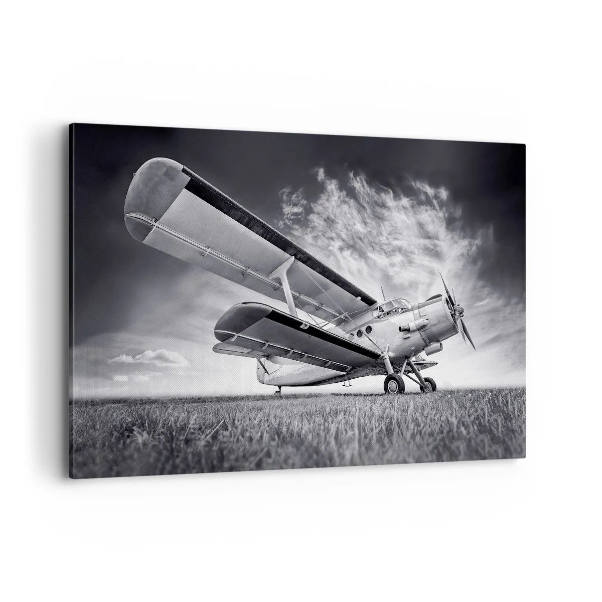 Quadro su tela - Stampe su Tela - Un aereo contro un cielo drammatico in bianco e nero - 120x80cm - Giramondo alato  - Decorazione murale moderna per soggiorno e camera da letto ARTTOR