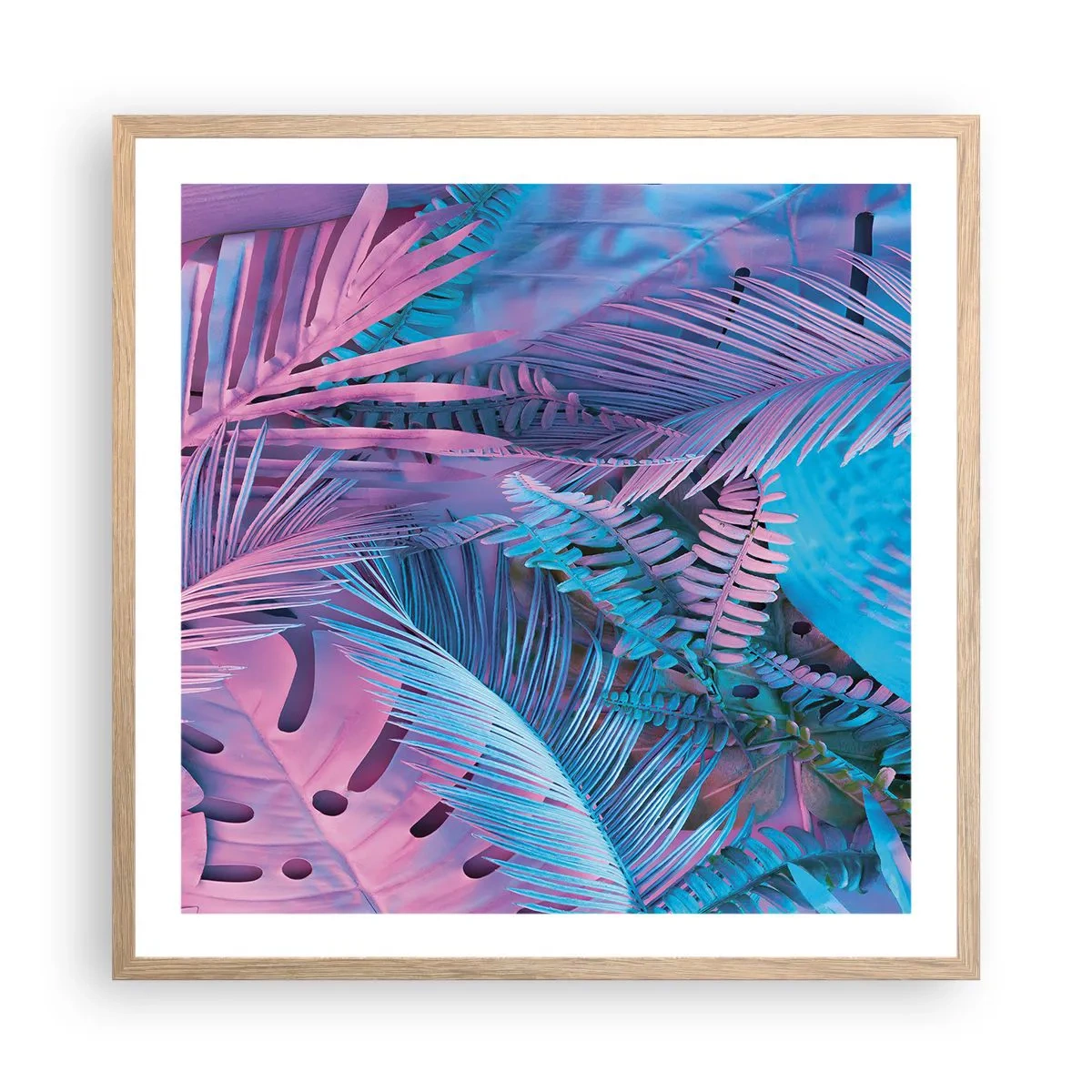 Poster in cornice rovere chiaro - Tropici in rosa e blu - 60x60 cm