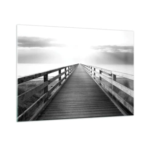 Quadro su vetro - Un ponte di legno che conduce verso l'orizzonte in bianco e nero - 100x70cm - Sempre più lontano - Decorazione murale moderna per soggiorno e camera da letto ARTTOR