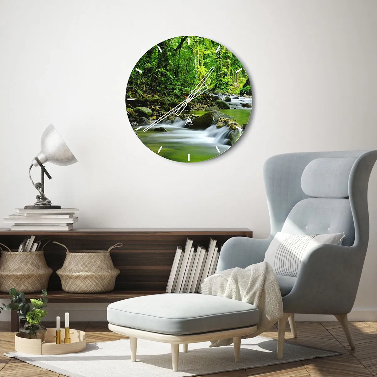 Orologio da parete - Orologio in Vetro - Un ruscello in una foresta pluviale tropicale - 30x30cm - Fluttuando in un mare di verde - Decorazione murale moderna per soggiorno, cucina e camera da letto ARTTOR