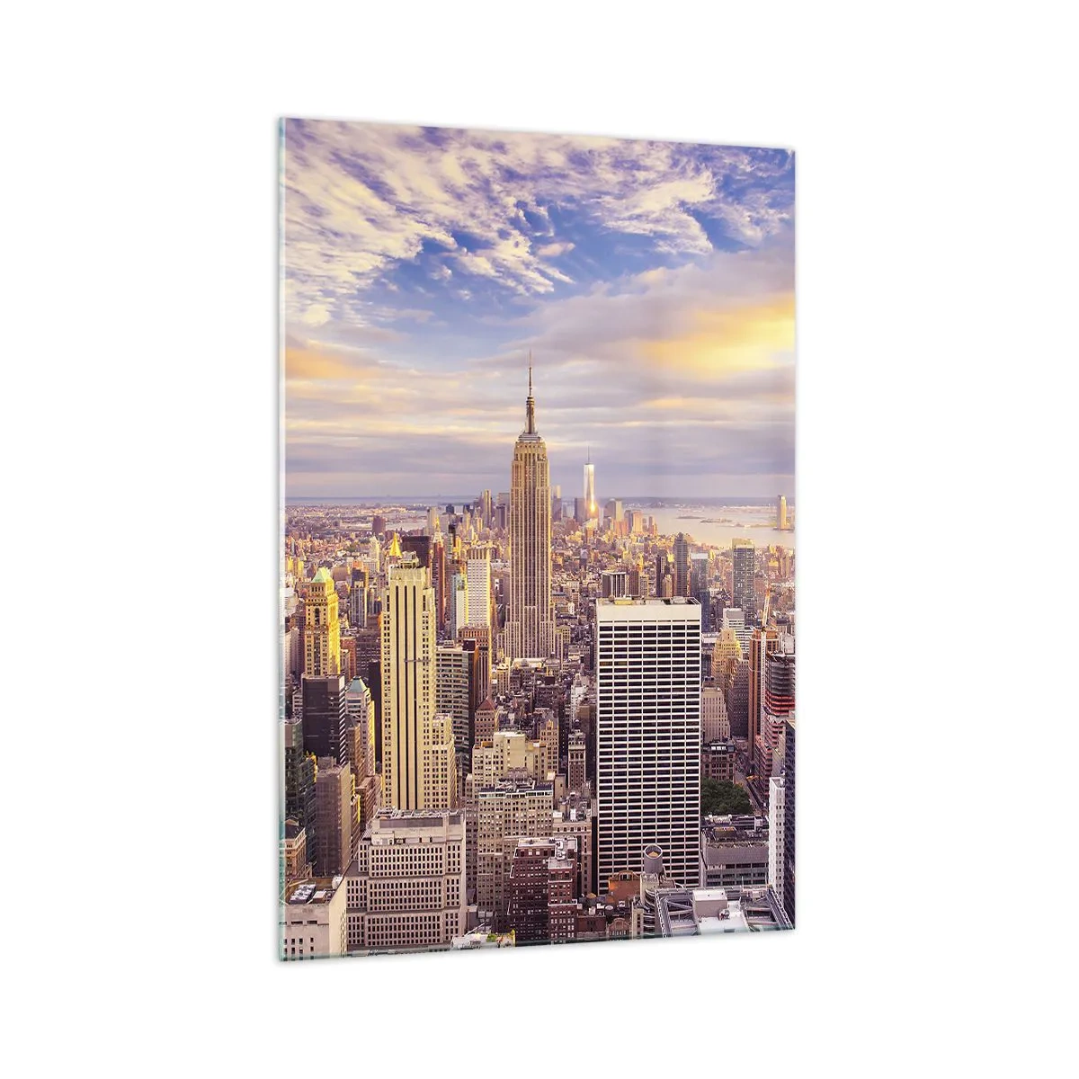 Quadro su vetro - Panorama di una città moderna con grattacieli al tramonto - 70x100cm - Toccando le nuvole - Decorazione murale moderna per soggiorno e camera da letto ARTTOR