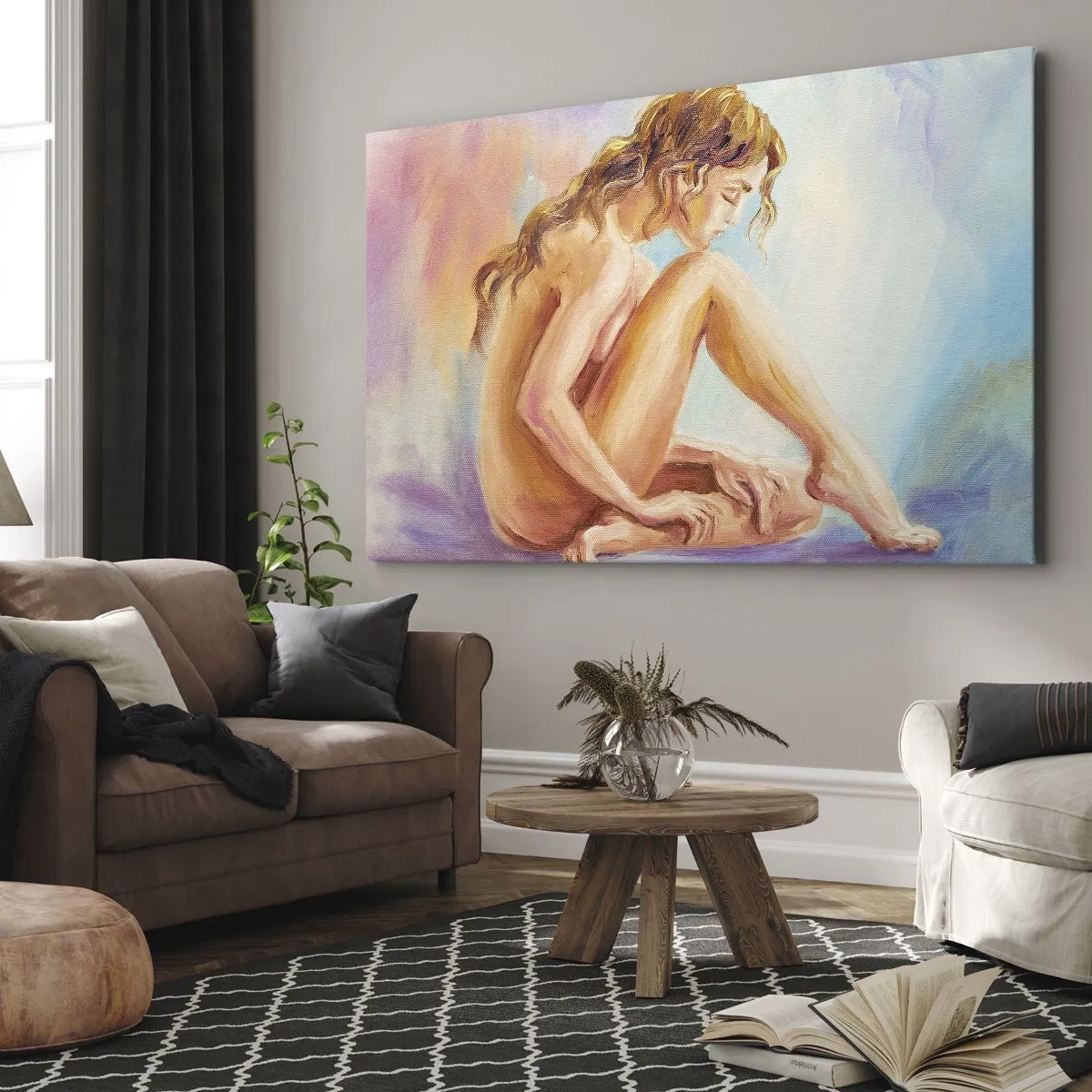 Quadro su tela - Stampe su Tela - Una delicata figura di donna su uno sfondo pastello - 120x80cm - Nudo di giovane - Decorazione murale moderna per soggiorno e camera da letto ARTTOR