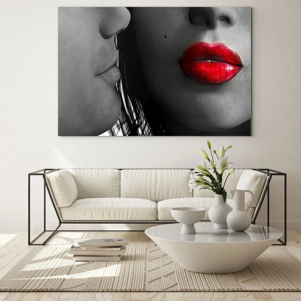 Quadro su vetro - Labbra sensuali in uno scatto contrastante - 120x80cm - Volto accanto al volto  - Decorazione murale moderna per soggiorno e camera da letto ARTTOR