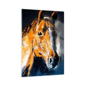 Quadro su vetro - Ritratto di un cavallo in intense tonalità di marrone su sfondo scuro - 50x70cm - Allora, andiamo? - Decorazione murale moderna per soggiorno e camera da letto ARTTOR