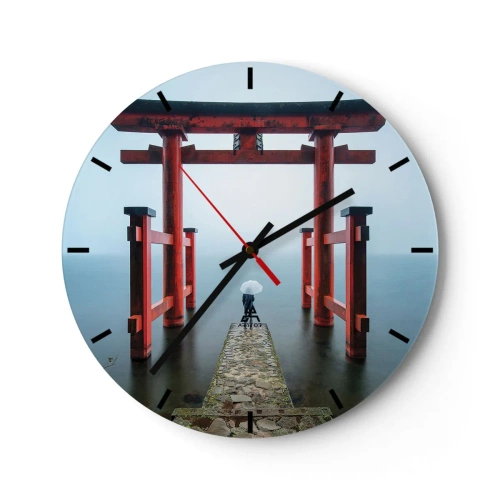 Orologio da parete - Orologio in Vetro - Portale Torii rosso sopra l'acqua ferma nella nebbia - 30x30cm - Meditazione giapponese - Decorazione murale moderna per soggiorno, cucina e camera da letto ARTTOR