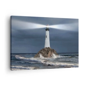 Quadro su tela - Stampe su Tela - Un faro su una roccia circondato da un mare in tempesta - 70x50cm - Qui...qui... qui! - Decorazione murale moderna per soggiorno e camera da letto ARTTOR