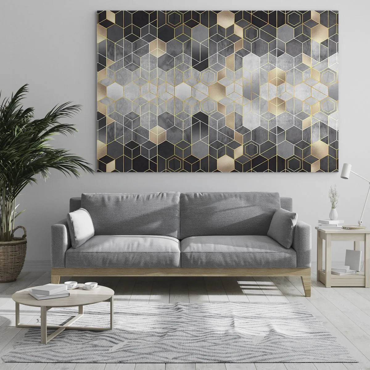 Quadro su vetro - Motivo geometrico di esagoni in linee dorate - 120x80cm - Composizione di diamante - Decorazione murale moderna per soggiorno e camera da letto ARTTOR