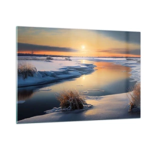 Quadro su vetro - Paesaggio invernale con tramonto su un fiume ghiacciato - 120x80cm - Tramonto invernale - Decorazione murale moderna per soggiorno e camera da letto ARTTOR