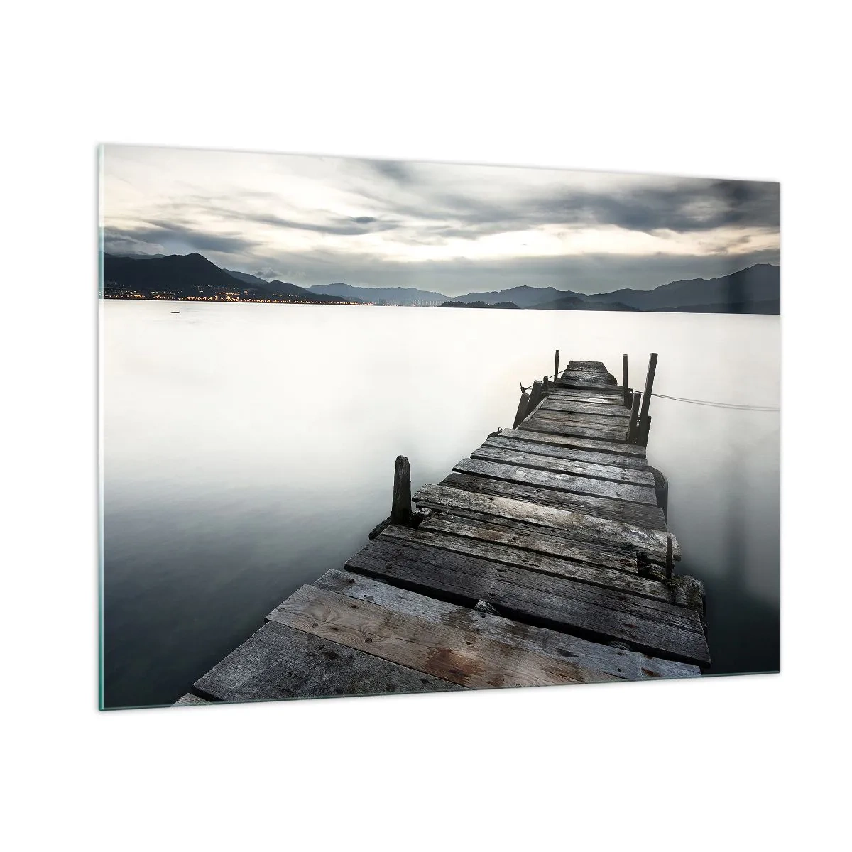 Quadro su vetro - Un molo di legno sullo sfondo di un lago calmo al tramonto - 100x70cm - Immergersi nella tranquillità - Decorazione murale moderna per soggiorno e camera da letto ARTTOR