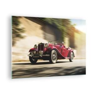 Quadro su vetro - Classica decappottabile rossa in movimento sullo sfondo della strada e del paesaggio sfocato - 70x50cm - Più bella della Nike di Samotracia - Decorazione murale moderna per soggiorno e camera da letto ARTTOR