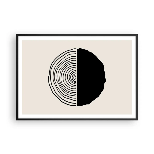 Poster in cornice nera - Un motivo astratto in bianco e nero ispirato a una sezione trasversale di legno con una divisione geometrica. - 100x70cm - A metà - Decorazione murale moderna per soggiorno e camera da letto ARTTOR