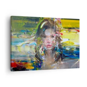 Quadro su tela - Stampe su Tela - Ritratto astratto di una donna dai colori intensi - 70x50cm - Dietro una tenda di vento - Decorazione murale moderna per soggiorno e camera da letto ARTTOR