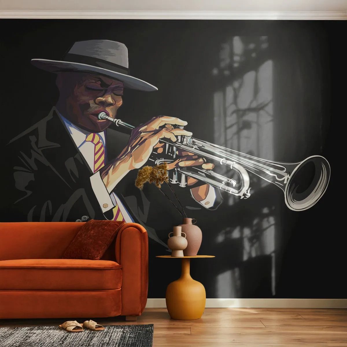 Fotomurali Standard Eco - Trombettista stilizzato in un elegante abito su sfondo nero - 100x70cm - Il fascino della Old School - Decorazione murale moderna per soggiorno e camera da letto ARTTOR