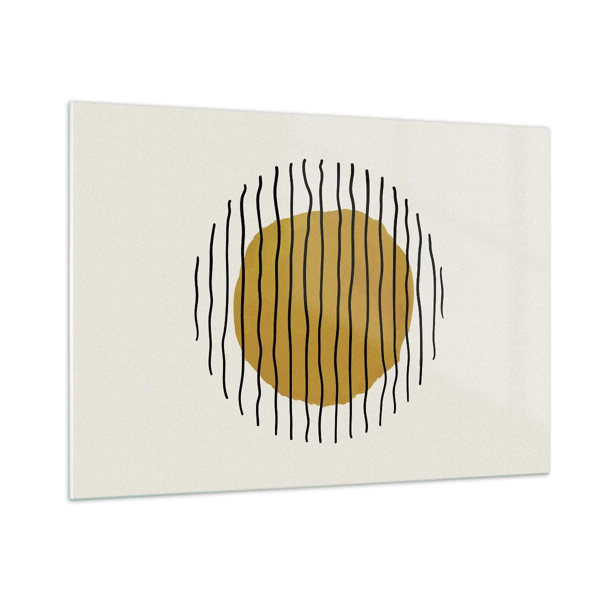 Quadro su vetro - Una composizione minimalista con un cerchio giallo e linee nere. - 100x70cm - Astrazione fremente di calore - Decorazione murale moderna per soggiorno e camera da letto ARTTOR