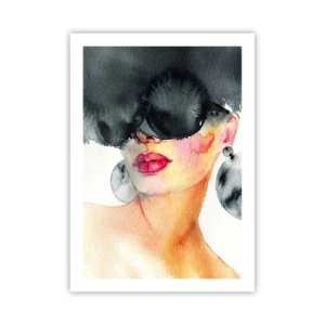 Poster - Ritratto ad acquerello di una donna che indossa grandi orecchini e una maschera nera. - 50x70cm - Il segreto dell'eleganza - Decorazione murale moderna per soggiorno e camera da letto ARTTOR