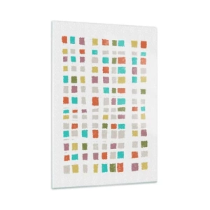 Quadro su vetro - Mosaico colorato di quadrati su sfondo bianco in stile astratto - 50x70cm - Un gioco sconosciuto - Decorazione murale moderna per soggiorno e camera da letto ARTTOR