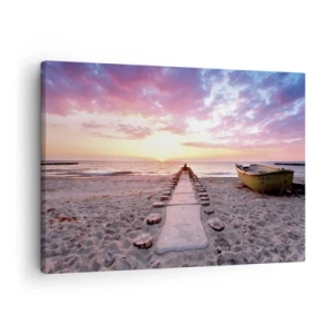 Quadro su tela - Stampe su Tela - Spiaggia all'alba con barca e molo - 70x50cm - Un momento profondo - Decorazione murale moderna per soggiorno e camera da letto ARTTOR