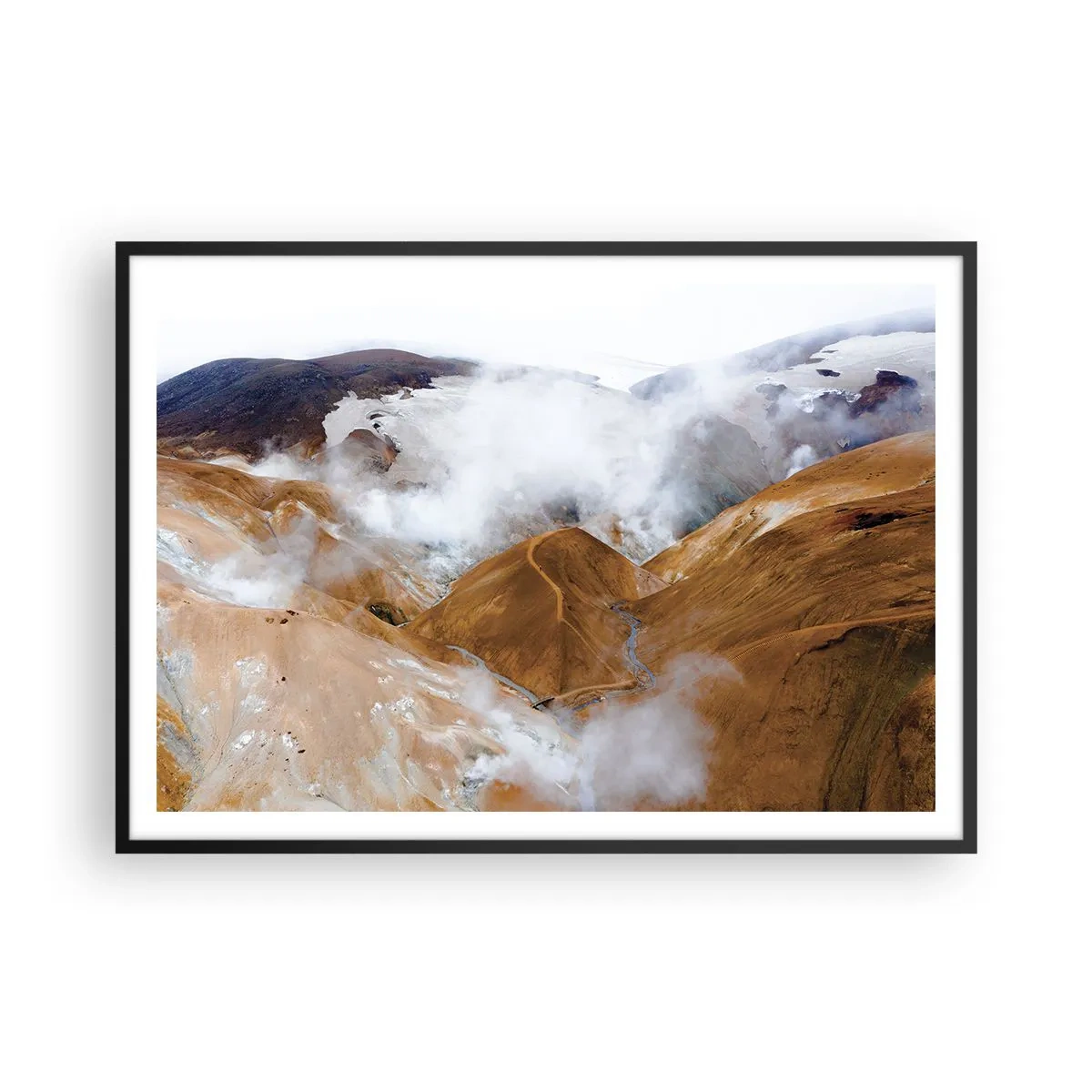 Poster in cornice nera - Un paesaggio montano con vapore in un clima rigido - 100x70cm - La bellezza severa dell'Islanda - Decorazione murale moderna per soggiorno e camera da letto ARTTOR