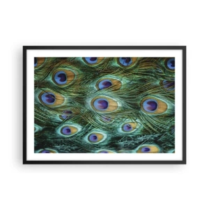 Poster in cornice nera - Dettagli di piume di pavone in colori intensi - 70x50cm - Lo sguardo del pavone - Decorazione murale moderna per soggiorno e camera da letto ARTTOR