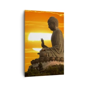 Quadro su tela - Stampe su Tela - Una statua buddista sullo sfondo di un tramonto arancione - 80x120cm - Senza paura davanti al mondo - Decorazione murale moderna per soggiorno e camera da letto ARTTOR