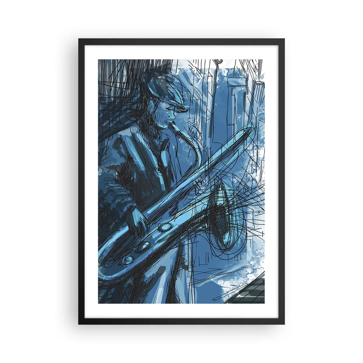 Poster in cornice nera - Schizzo artistico di un musicista che suona il sassofono - 50x70cm - Rapsodia urbana - Decorazione murale moderna per soggiorno e camera da letto ARTTOR