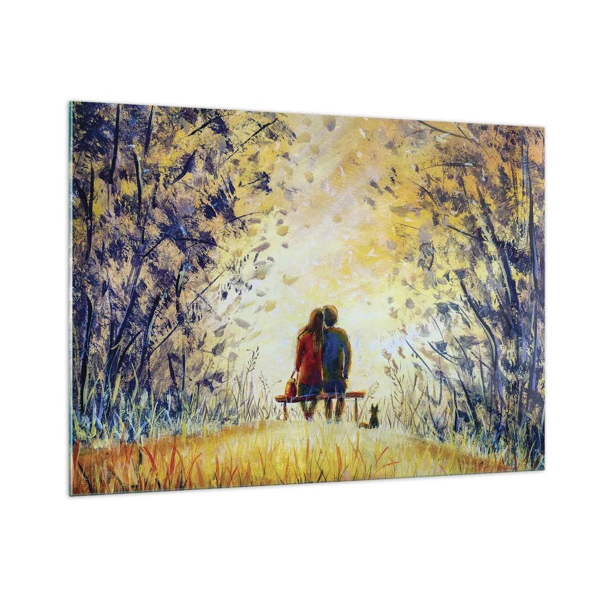 Quadro su vetro - Una coppia su una panchina in un momento magico - 100x70cm - Attimo magico - Decorazione murale moderna per soggiorno e camera da letto ARTTOR
