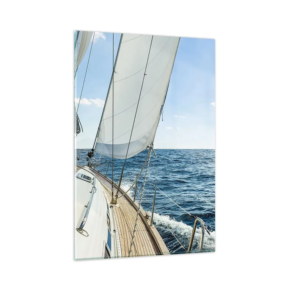 Quadro su vetro - Una barca a vela su un mare calmo sotto un cielo azzurro - 80x120cm - Benvenuta avventura - Decorazione murale moderna per soggiorno e camera da letto ARTTOR