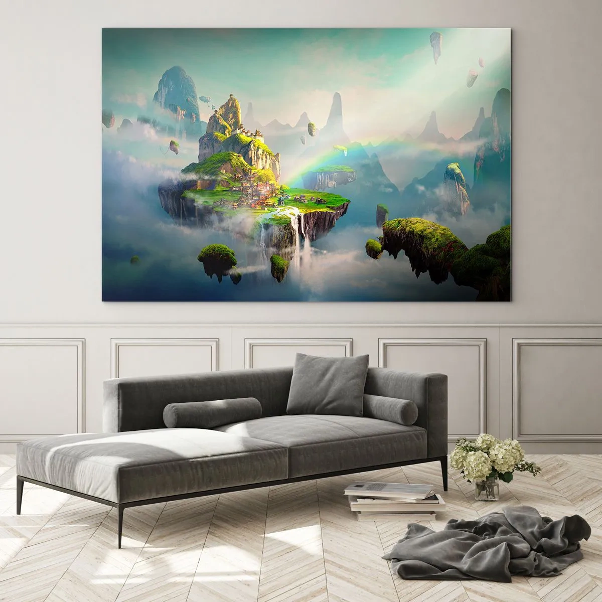 Quadro su vetro - Isole volanti tra le nuvole con arcobaleni e cascate - 120x80cm - In mezzo al cielo: isole fortunate - Decorazione murale moderna per soggiorno e camera da letto ARTTOR