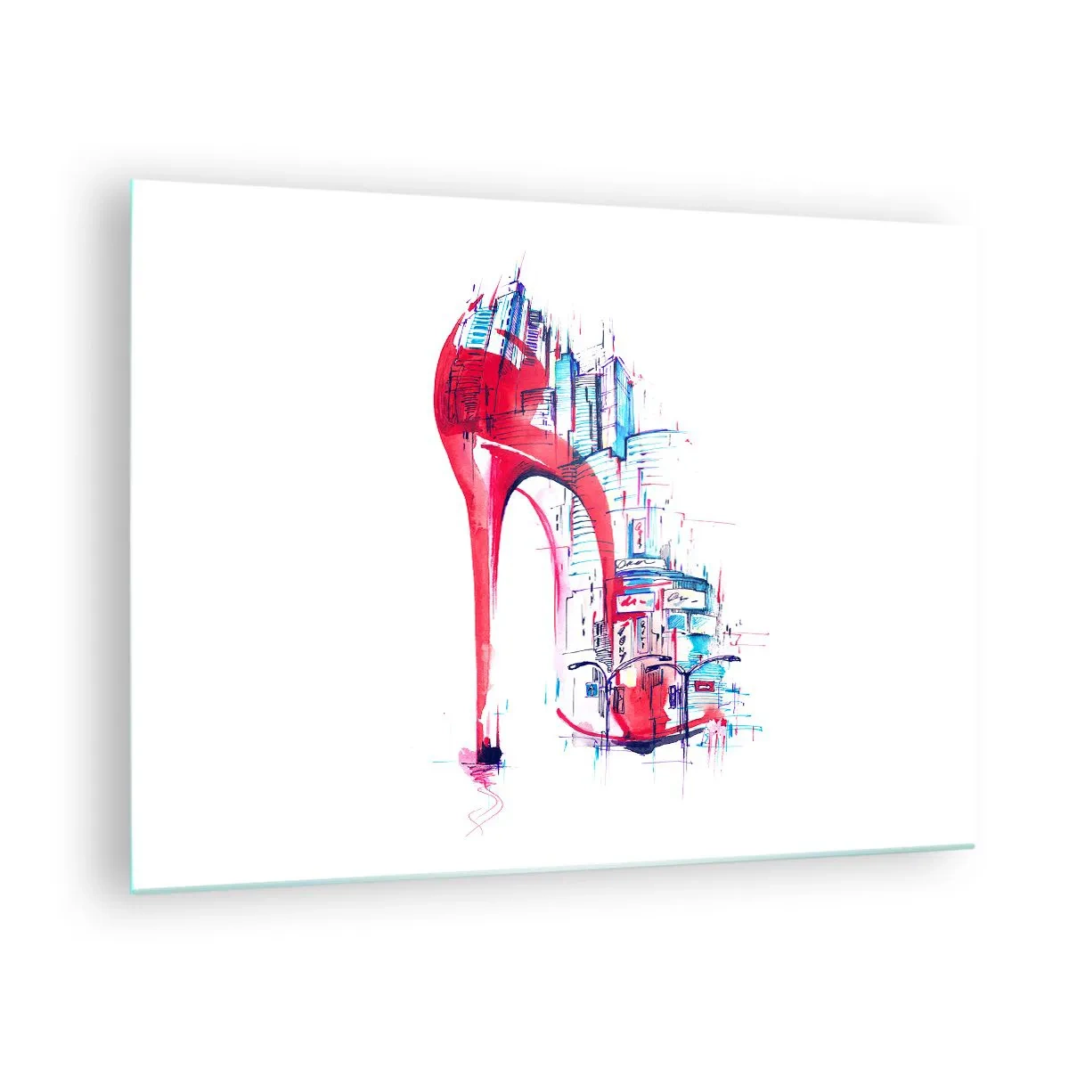 Quadro su vetro - Stiletto rosso con motivo di architettura urbana - 70x50cm - Elegante nella grande città - Decorazione murale moderna per soggiorno e camera da letto ARTTOR