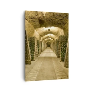 Quadro su tela - Stampe su Tela - Un vigneto con una cantina piena di bottiglie di vino esposte su scaffali di legno. - 70x100cm - Nascita del sapore - Decorazione murale moderna per soggiorno e camera da letto ARTTOR