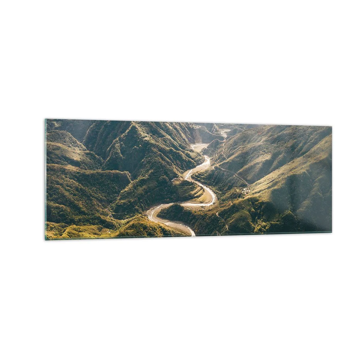 Quadro su vetro - Un paesaggio montano con una strada tortuosa tra verdi colline - 140x50cm - Direttamente dal cuore dei monti - Decorazione murale moderna per soggiorno e camera da letto ARTTOR